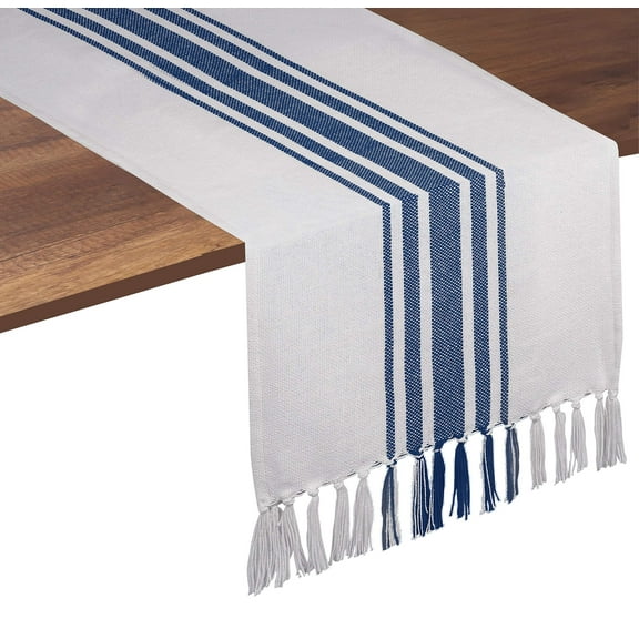 Native Fab Dining Stripe Table Runner with Tassels 100% Cotton, 14"x108", Ink Blue White