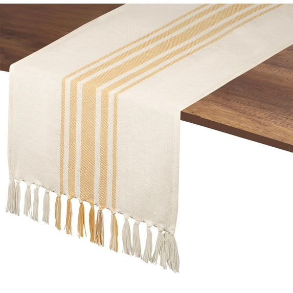 Native Fab Dining Stripe Table Runner with Tassels 100% Cotton, 14"x108", Pale Yellow