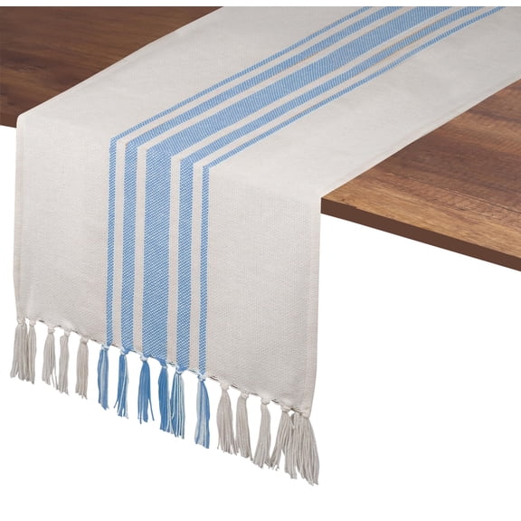 Native Fab Dining Stripe Table Runner with Tassels 100% Cotton, 14"x108", Sky Blue
