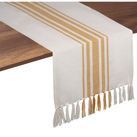 Native Fab Dining Stripe Table Runner with Tassels 100% Cotton, 14"x108", Yellow White