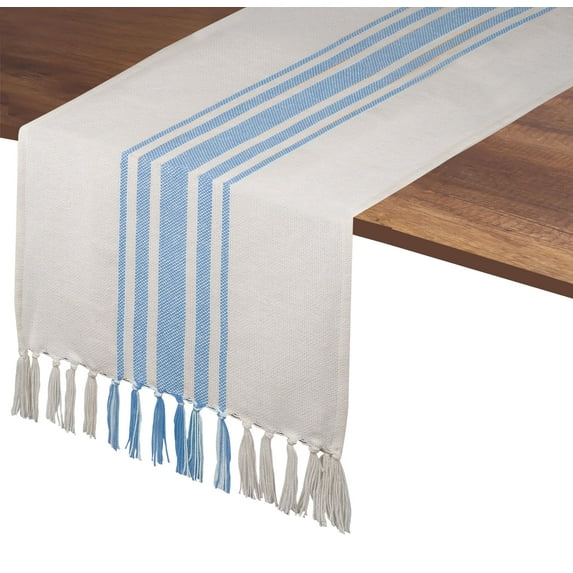 Native Fab Dining Stripe Table Runner with Tassels 100% Cotton, 14"x72", Sky Blue