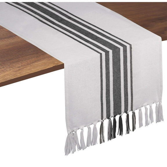 Native Fab Ellora Stripe Table Runner with Fringes, 14x108 Gray White
