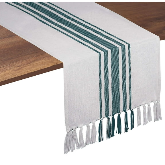 Native Fab Ellora Stripe Table Runner with Fringes, 14x108 Teal Green White