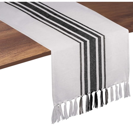 Native Fab Ellora Stripe Table Runner with Fringes, 14x72 Black White