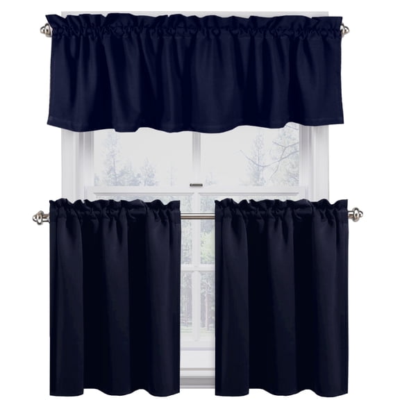 Native Fab Full Kitchen Curtain Tiers Valance 3 Piece 100% Cotton - Rod Pocket Style - Navy Blue