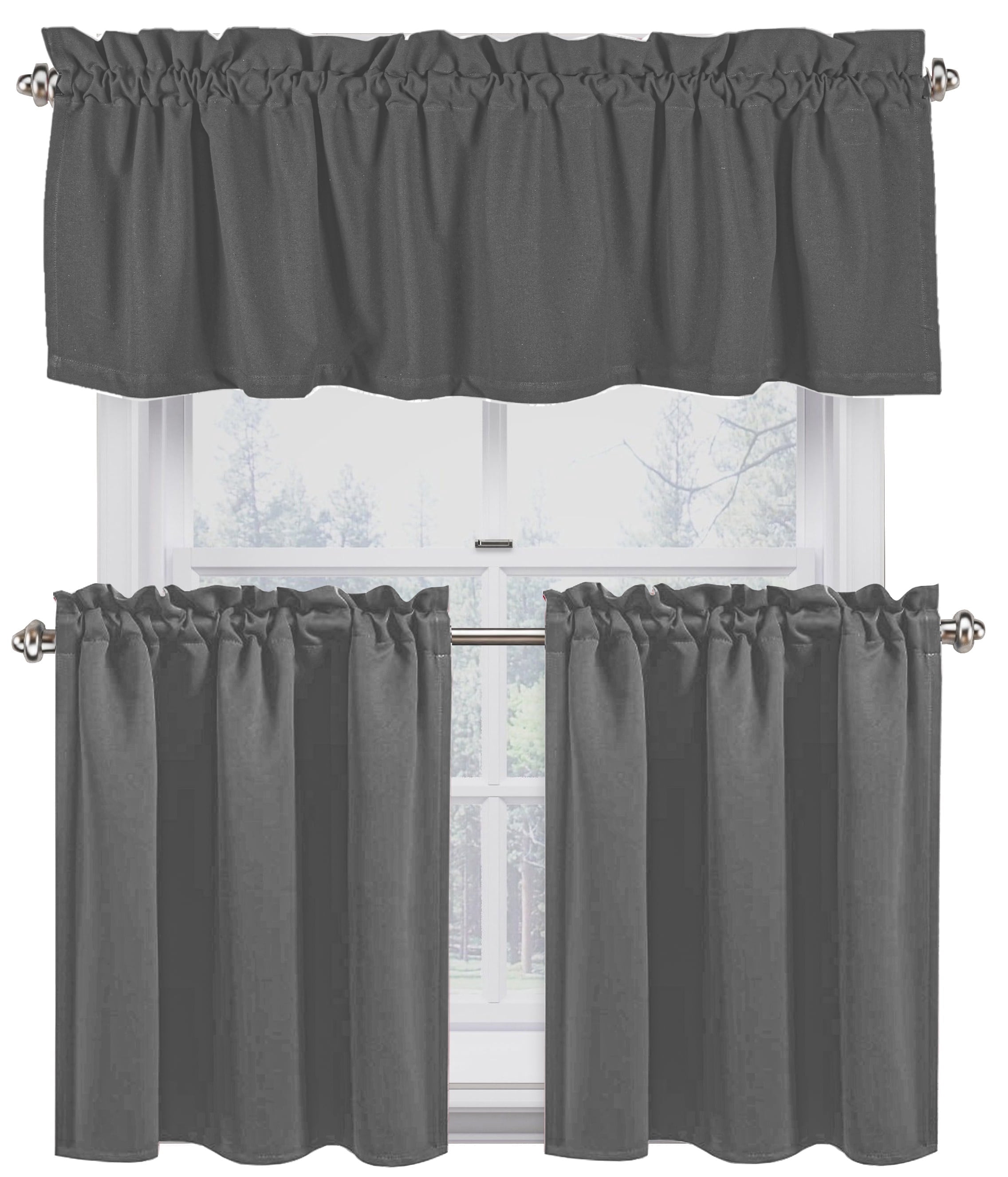 Native Fab Full Kitchen Window Curtain Tiers Valance Set 100% Cotton - Rod Pocket - 3 Piece - Grey