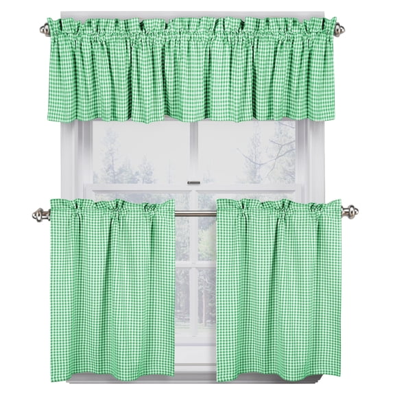 Native Fab Gingham Buffalo Check 3 Piece Window Curtain Tiers 26"x36" and Valance 54"x18" Set - Rod Pocket - Semi Sheer - Short Curtain for Kitchen, Cafe, Living Room - Lemon Green White