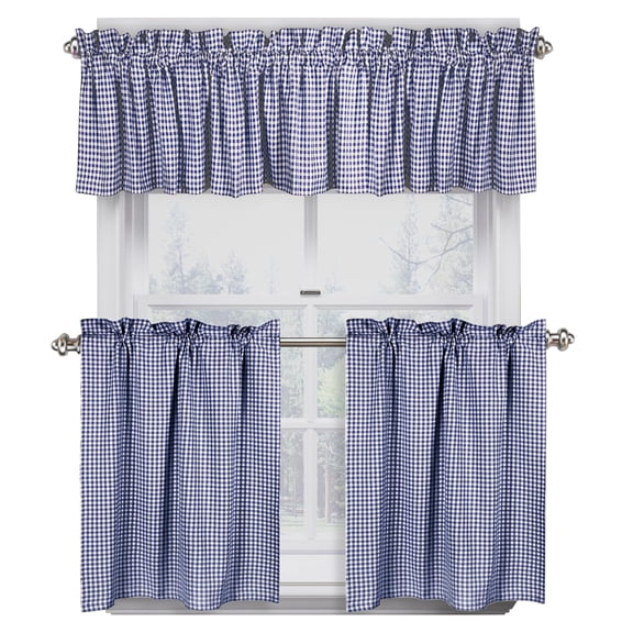 Native Fab Gingham Check 3 Pieces Window Curtain Tiers 26"x36" and Valance 54"x18" Set - Rod Pocket - Semi Sheer - Farmhouse Curtain for Kitchen, Cafe, Bathroom, Living Room - Blue and White