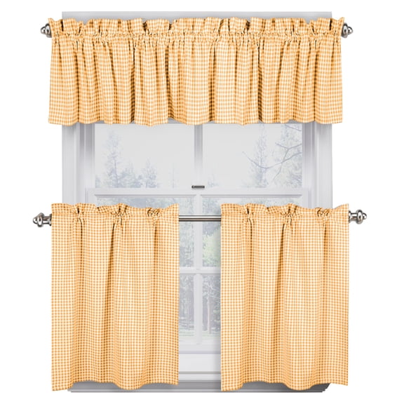 Native Fab Gingham Mini Check 3 Piece Window Curtain Tiers 26"x36" and Valance 54"x18" Set - Rod Pocket - Semi Sheer - Farmhouse Curtain for Kitchen, Cafe, Living Room - Mustard Yellow