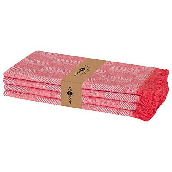 Native Fab Herringbone Cloth Napkins 18x18 inches, 100% Cotton Dinner Napkins with Fringes, Set of 4, Machine Washable Cloth Napkins, Soft Breathable Absorbent, Red