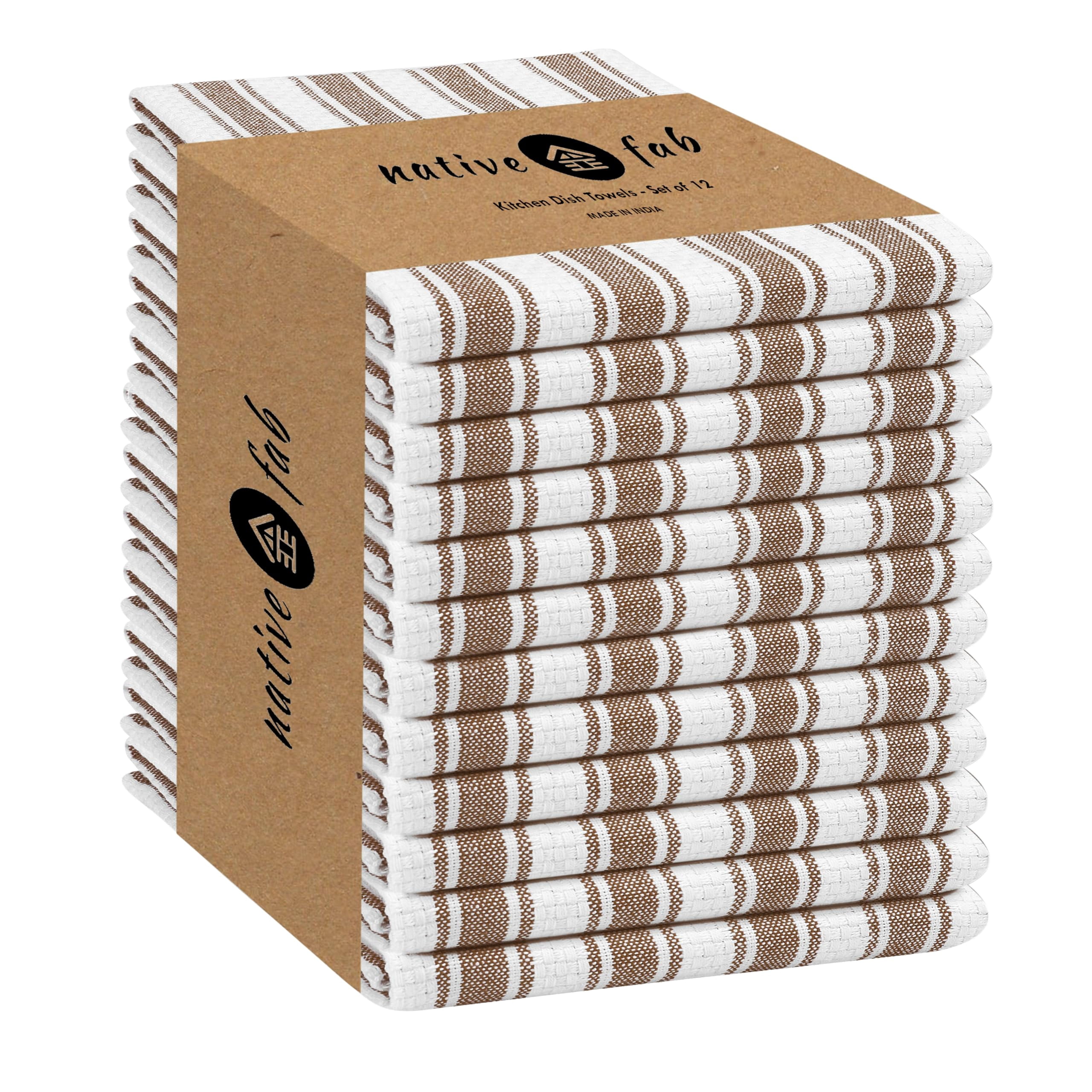 Native Fab Kitchen Dish Cloths 12 Pack, 16x26, Quick Dry Towels with Loop, Brown