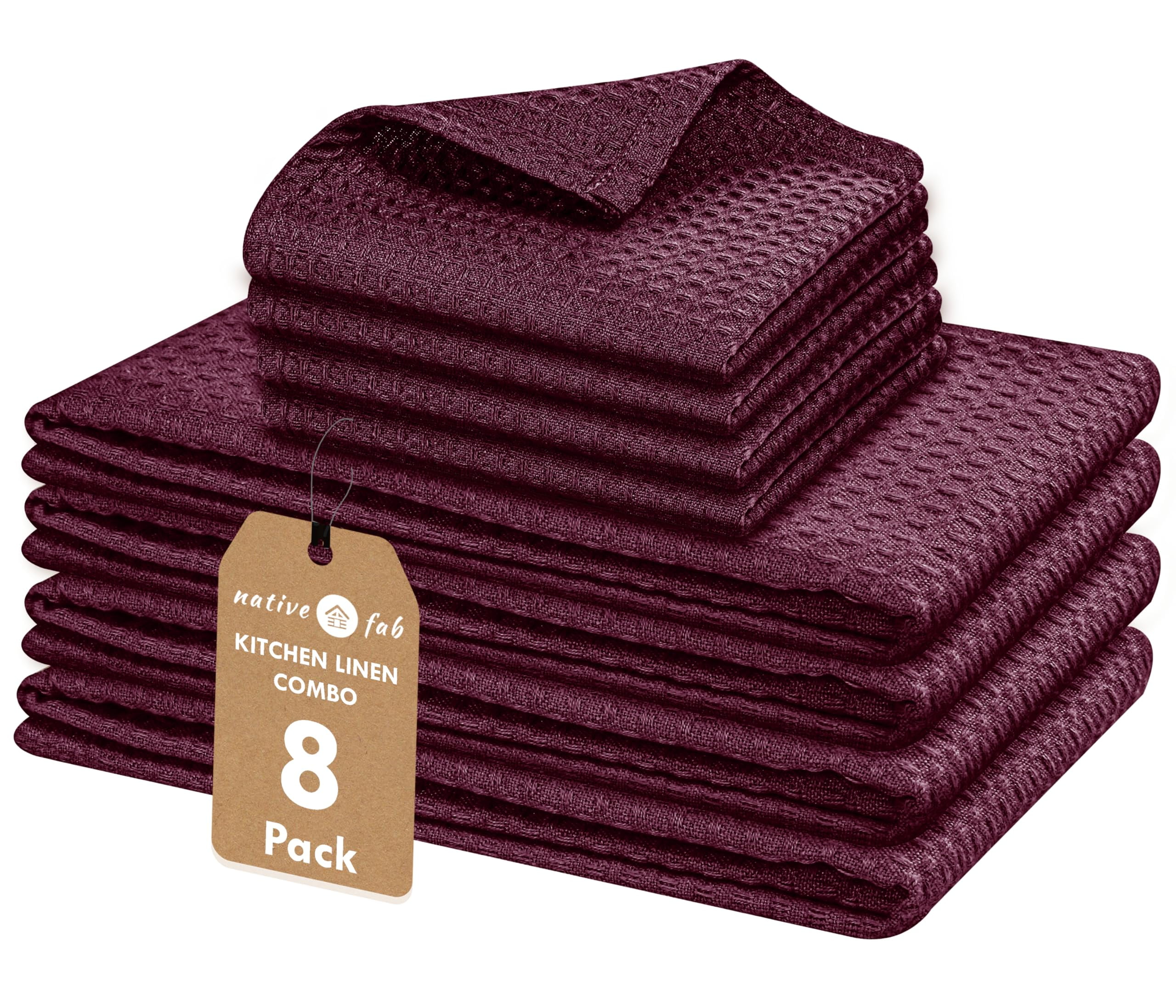 Native Fab Kitchen Towels & Dish Cloth Set, 100% Cotton, 8 Piece, Absorbent, Durable, Washable, Quick Drying Towel for Cleaning, Cooking, Baking - Ideal for Home, Bars & Everyday Use - Burgundy Wine