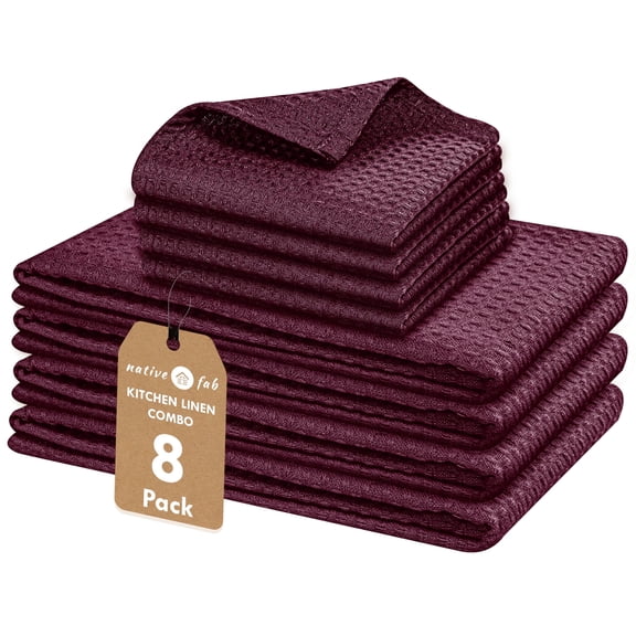 Native Fab Kitchen Towels & Dish Cloth Set, 100% Cotton, 8 Piece, Absorbent, Durable, Washable, Quick Drying Towel for Cleaning, Cooking, Baking - Ideal for Home, Bars & Everyday Use - Burgundy Wine