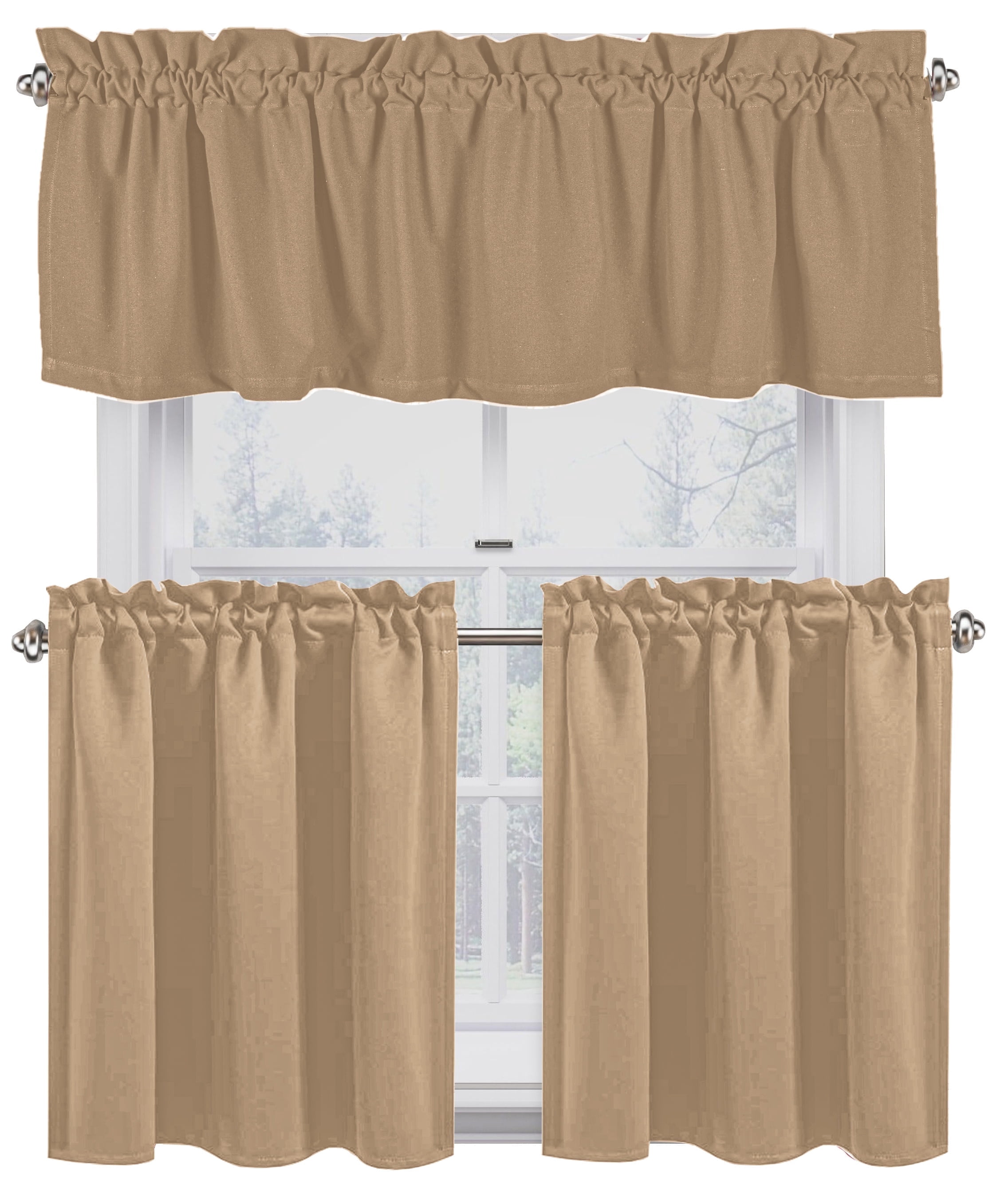 Native Fab Kitchen Window Curtain Tiers Valance Set 100% Cotton - Rod Pocket Style 3 Piece - Beige