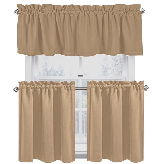 Native Fab Kitchen Window Curtain Tiers Valance Set 100% Cotton - Rod Pocket Style 3 Piece - Beige