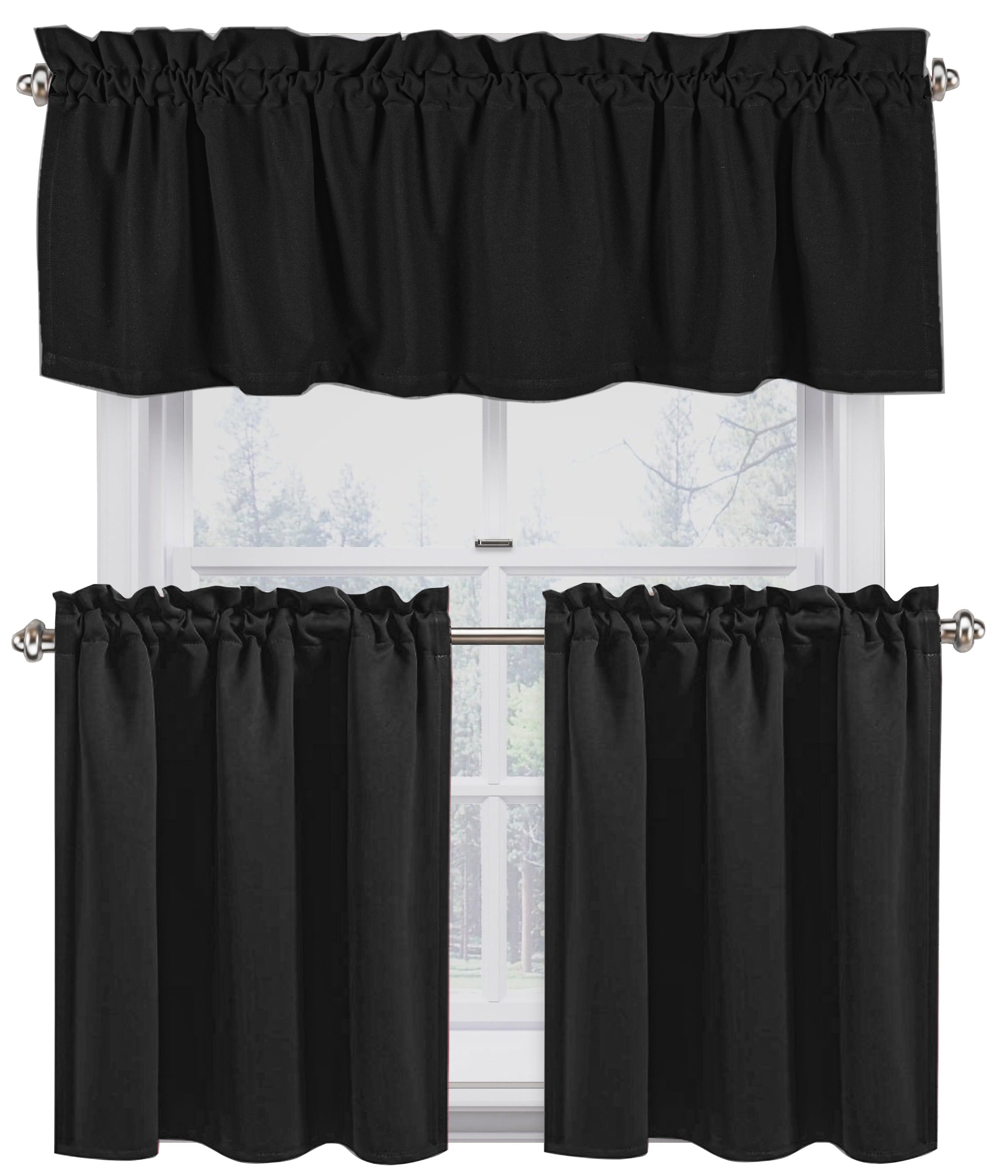 Black Cotton Rod Pocket Kitchen Window Curtain Set