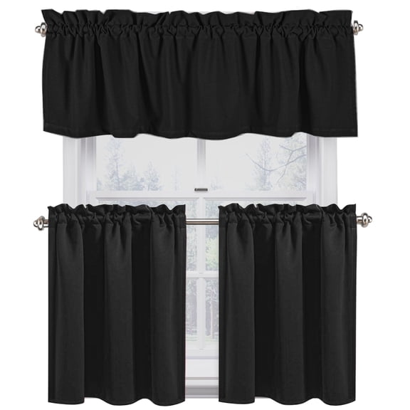 Native Fab Kitchen Window Curtain Tiers Valance Set 100% Cotton - Rod Pocket Style 3 Piece - Black