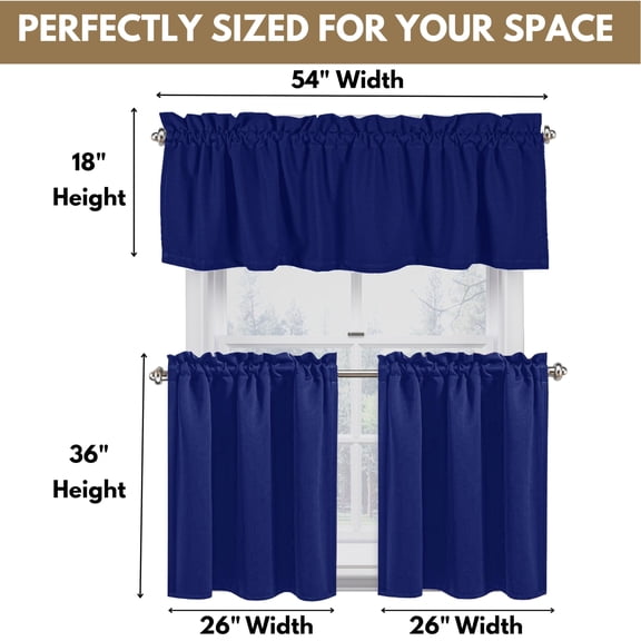 Native Fab Kitchen Window Curtain Tiers Valance Set 100% Cotton - Rod Pocket Style 3 Piece - Ink Blue