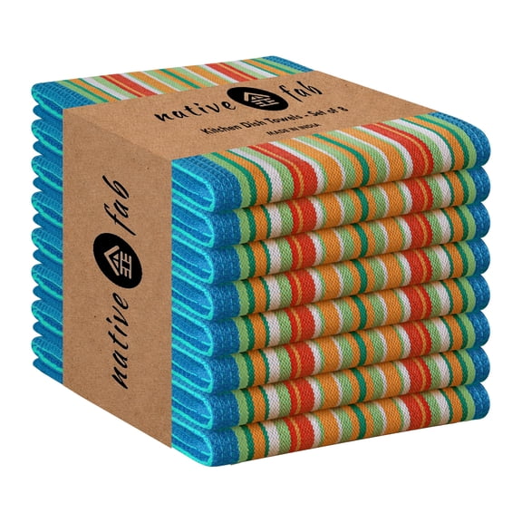 Native Fab Mexican Salsa Stripe Dish Towels, 8 Pack, 18x28", Super Absorbent, 100% Cotton Kitchen Towels for Drying, Reusable, Washable Towels for Everyday Cooking and Cleaning, Turquiose Blue