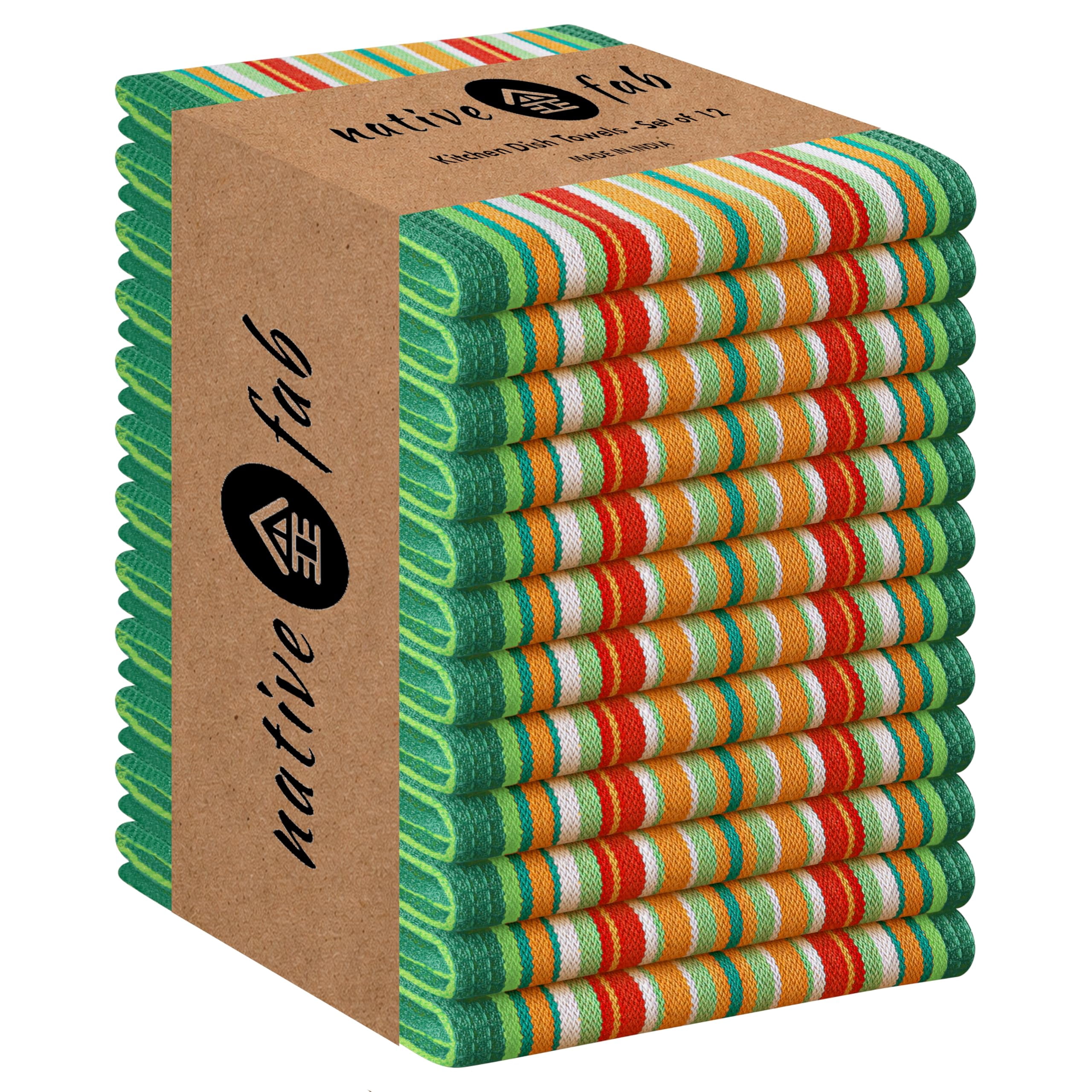 Native Fab Mexican Salsa Stripe Kitchen Towels, 12 Pack, 18x28 Inches, 100% Cotton, Highly Absorbent, Soft, Dish Towel for Drying Dishes, Everyday Kitchen Use, Reusable, Washable, Green