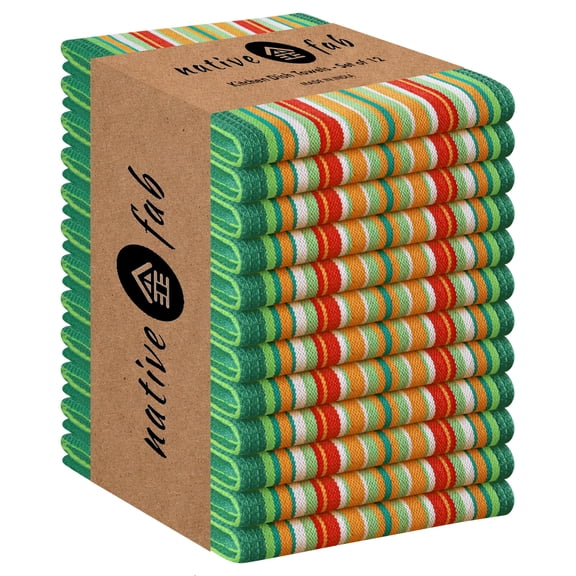 Native Fab Mexican Salsa Stripe Kitchen Towels, 12 Pack, 18x28 Inches, 100% Cotton, Highly Absorbent, Soft, Dish Towel for Drying Dishes, Everyday Kitchen Use, Reusable, Washable, Green