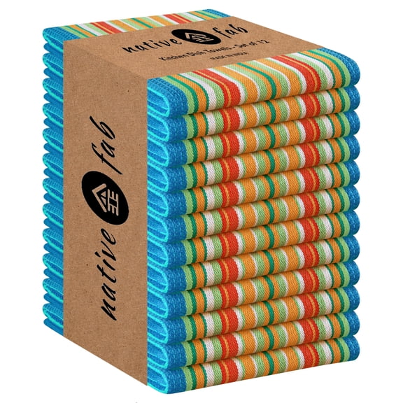 Native Fab Mexican Salsa Stripe Kitchen Towels, 12 Pack, 18x28 Inches, Cotton Dish Towels, High Absorbent, Rustic Farmhouse Boho Kitchen Decor, Reusable, Washable Dishcloth Set, Turquiose Blue