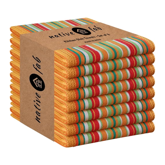 Native Fab Mexican Salsa Stripe Kitchen Towels, 8 Pack, 18x28 Inches, 100% Cotton, Highly Absorbent, Soft, Dish Towel for Drying Dishes, Everyday Kitchen Use, Reusable, Washable, Mustard Yellow