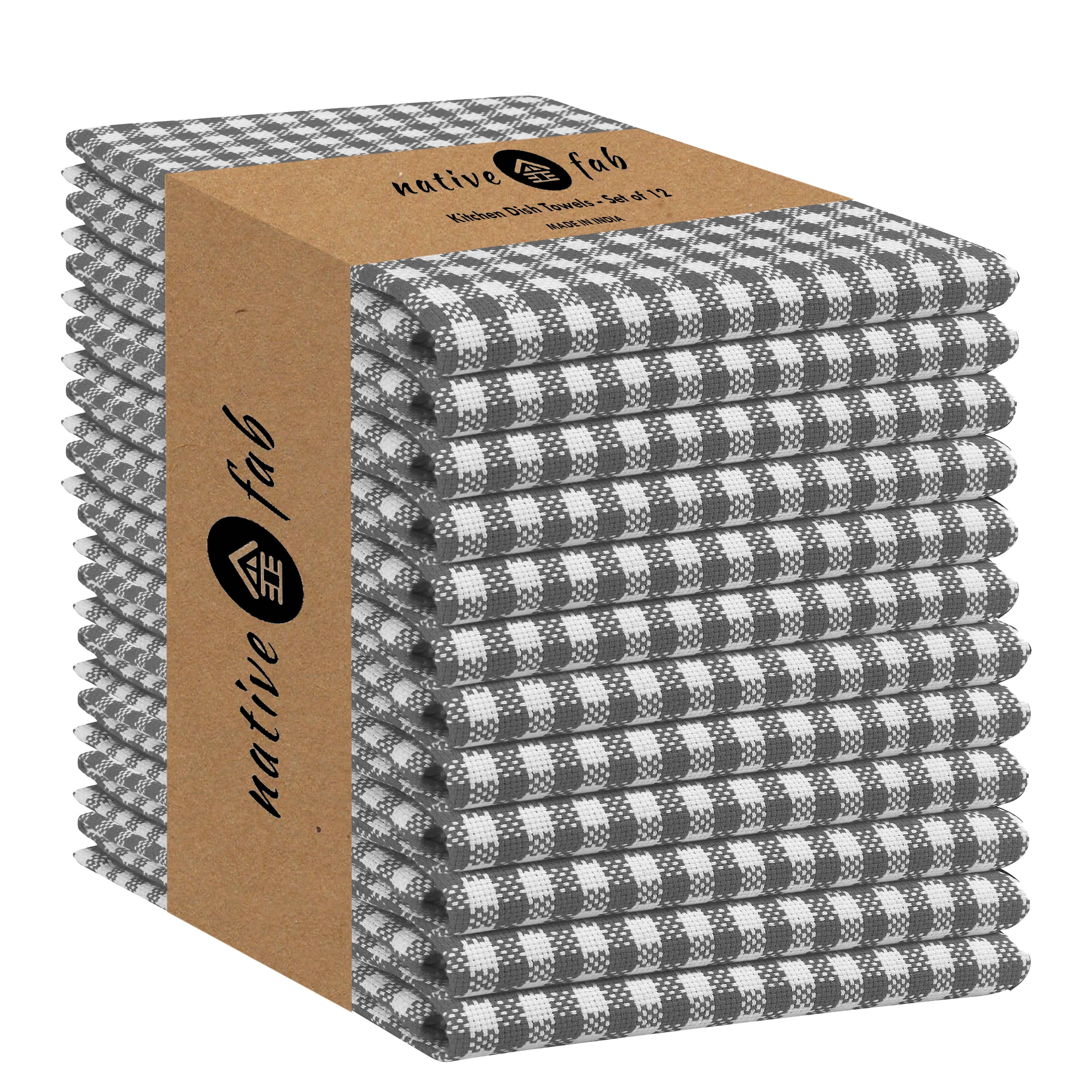 Native Fab Mini Checks Kitchen Towel, Set of 12, Cotton, 15x25 Gray White