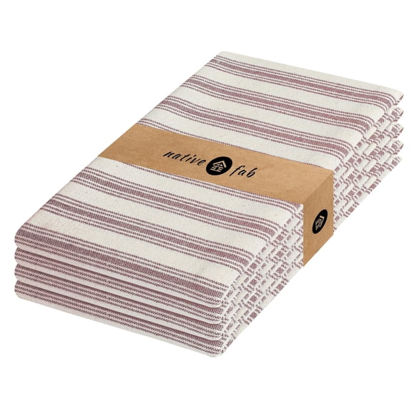 Native Fab Modern Stripe Kitchen Dish Towels, 100% Cotton, Super Absorbent, Quick Drying, 18x26 Inches - Reusable Hand Towels with Hanging Loop for Cleaning, Washing, 4 Pack, Burgundy (Maroon)