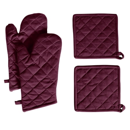 Native Fab Oven Mitts & Potholders Set, Heat Resistant, 100% Cotton, Quilted Design, Non-Slip Grip, Ideal for Baking, Cooking, BBQ, Kitchen Protection - Burgundy Wine