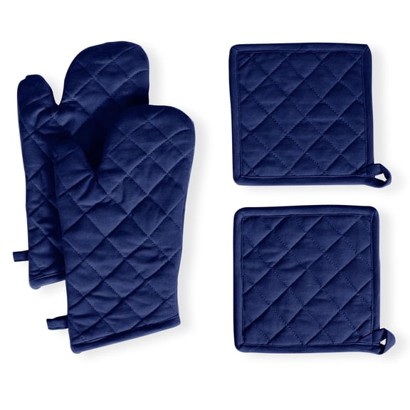 Native Fab Oven Mitts & Potholders Set, Heat Resistant, 100% Cotton, Quilted Design, Non-Slip Grip, Ideal for Baking, Cooking, BBQ, Kitchen Protection - Ink Blue