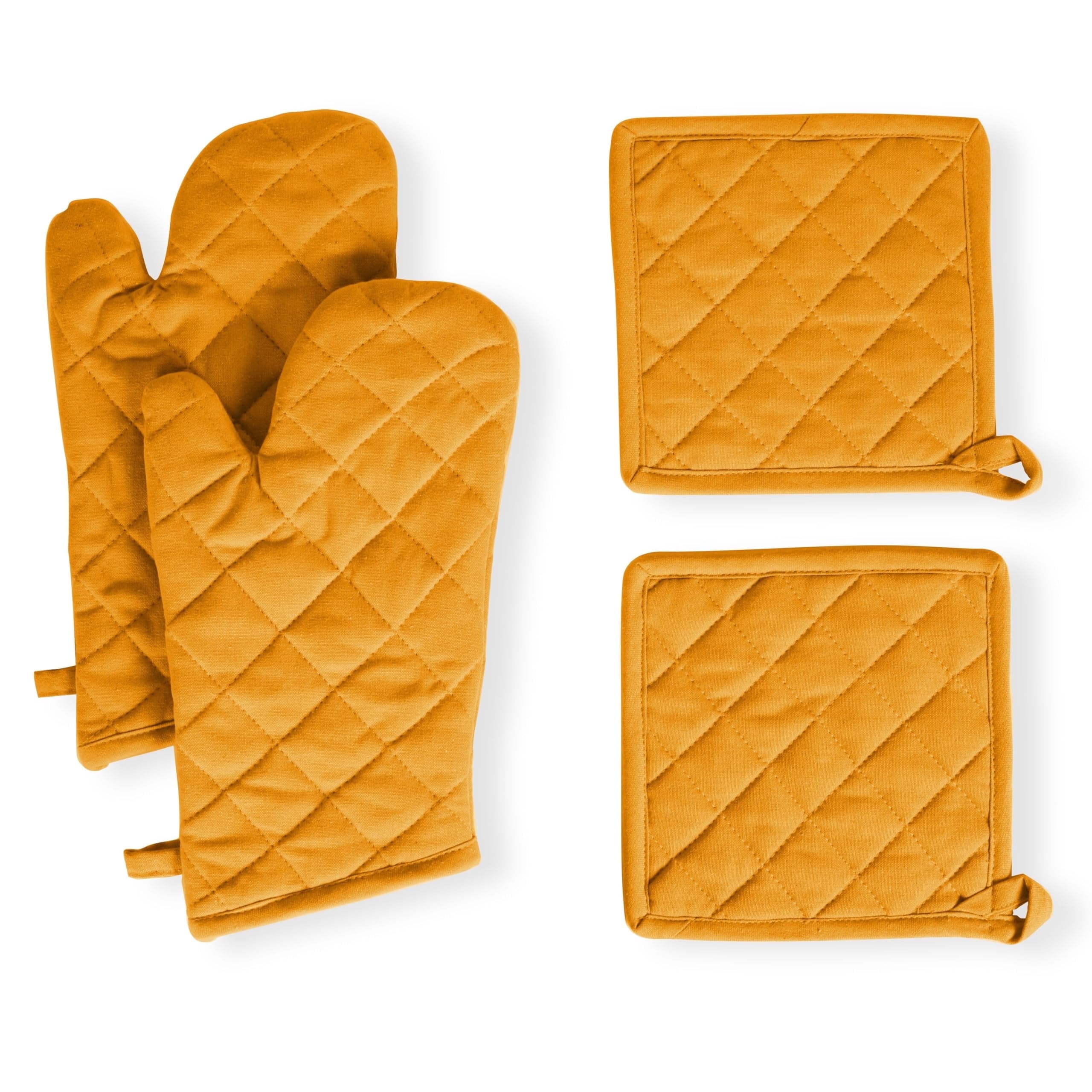 Native Fab Oven Mitts & Potholders Set, Heat Resistant, 100% Cotton, Quilted Design, Non-Slip Grip, Ideal for Baking, Cooking, BBQ, Kitchen Protection - Mustard Yellow