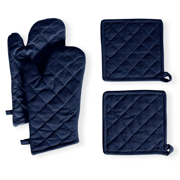 Native Fab Oven Mitts & Potholders Set, Heat Resistant, 100% Cotton, Quilted Design, Non-Slip Grip, Ideal for Baking, Cooking, BBQ, Kitchen Protection - Navy Blue
