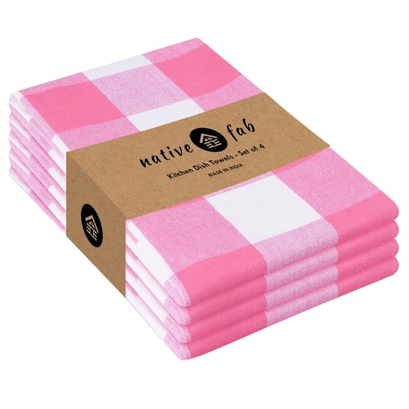 Native Fab Pink Checked Kitchen Towel 16"x26" - 4 Pack Buffalo Plaid Cotton Dish Towels - Absorbent Dishcloth Set, Soft Reusable Towels with Hanging Loop - Pink White