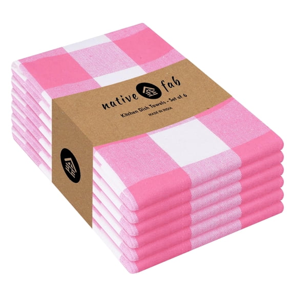 Native Fab Pink Checked Kitchen Towels 16"x26" - 6 Pack Buffalo Plaid Cotton Dish Towels - Absorbent Dishcloth Set, Soft Reusable Towel with Hanging Loop - Pink White