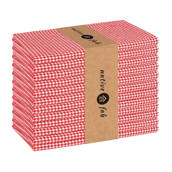 Native Fab Reusable Houndstooth Cloth Napkin 18x18 Cotton Set of 12 - Red