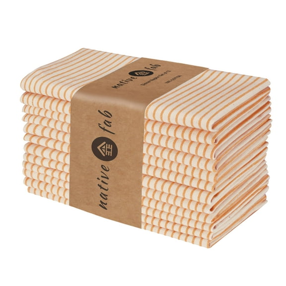Native Fab Reusable Orange Beige Stripe Dinner Cloth Napkin Set of 12 Cotton 18x21