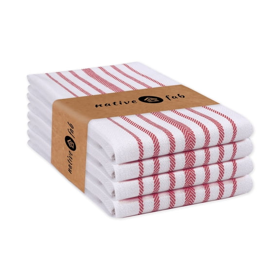 Native Fab Scandia Stripe Cotton Kitchen Towel 16"x26"- Absorbent Soft Dishcloths - Set of 4 - Red