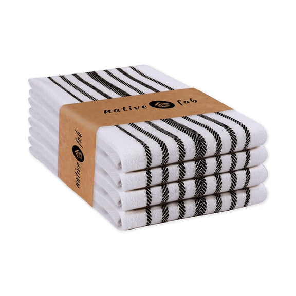 Native Fab Scandia Stripe Kitchen Dish Towel - Soft Cotton Dishcloths 16"x26" - Set of 4 - Black