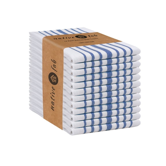 Native Fab Scandia Stripe Kitchen Dish Towels, Set of 12, Cotton 14x25 Blue White