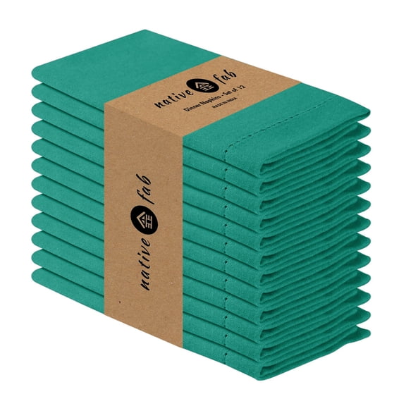 Native Fab Set of 12 Hemstitch Dinner Cloth Napkin 18" Reusable Cotton - Royal Green