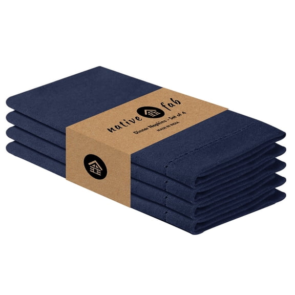 Native Fab Set of 4 Hemstitch Cloth Napkins 100% Cotton Reusable Daily Use - 18"x18" - Navy