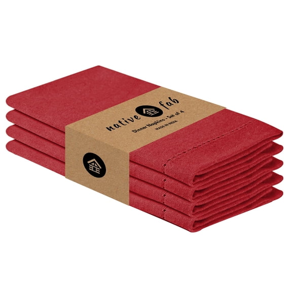 Native Fab Set of 4 Hemstitch Dinner Cloth Napkins 100% Cotton Reusable Daily Use - 18x18 - Red