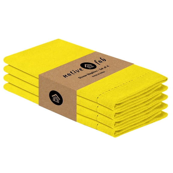 Native Fab Set of 4 Hemstitch Dinner Cloth Napkins 100% Cotton Reusable Soft - 18x18 - Yellow
