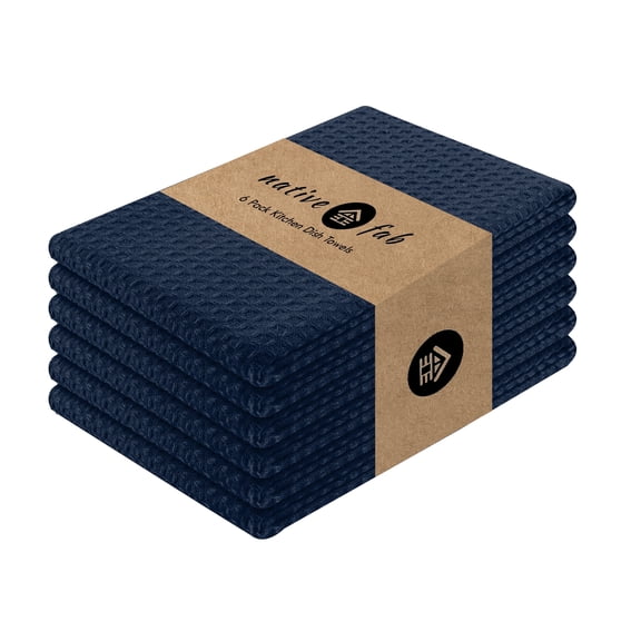 Native Fab Set of 6 Cotton Kitchen Dish Towels 16x26 Absorbent Durable Washable, Tea Towels with Hanging Loop, Navy Blue