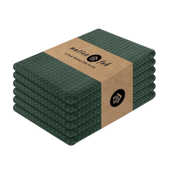 Native Fab Set of 6 Cotton Kitchen Dish Towels 16x26 Absorbent Durable Washable, Tea Towels with Hanging Loop, Olive Green