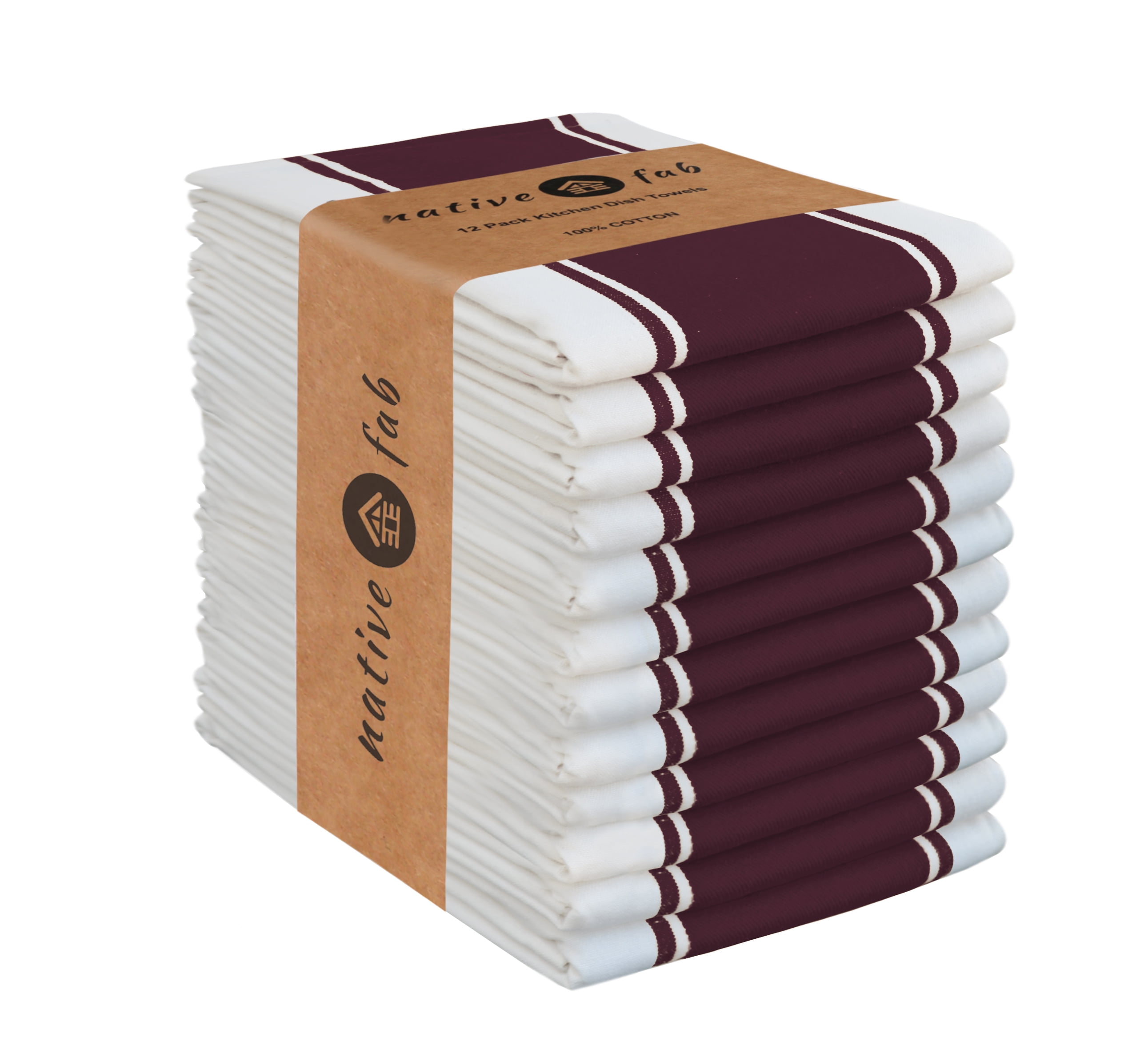 Native Fab Stripe Kitchen Dish Towel Set of 12 Cotton 18x28 Burgundy White