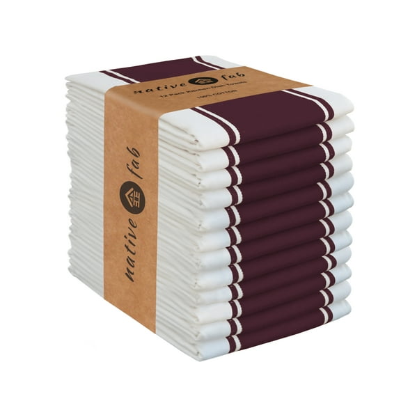 Native Fab Stripe Kitchen Dish Towel Set of 12 Cotton 18x28 Burgundy White
