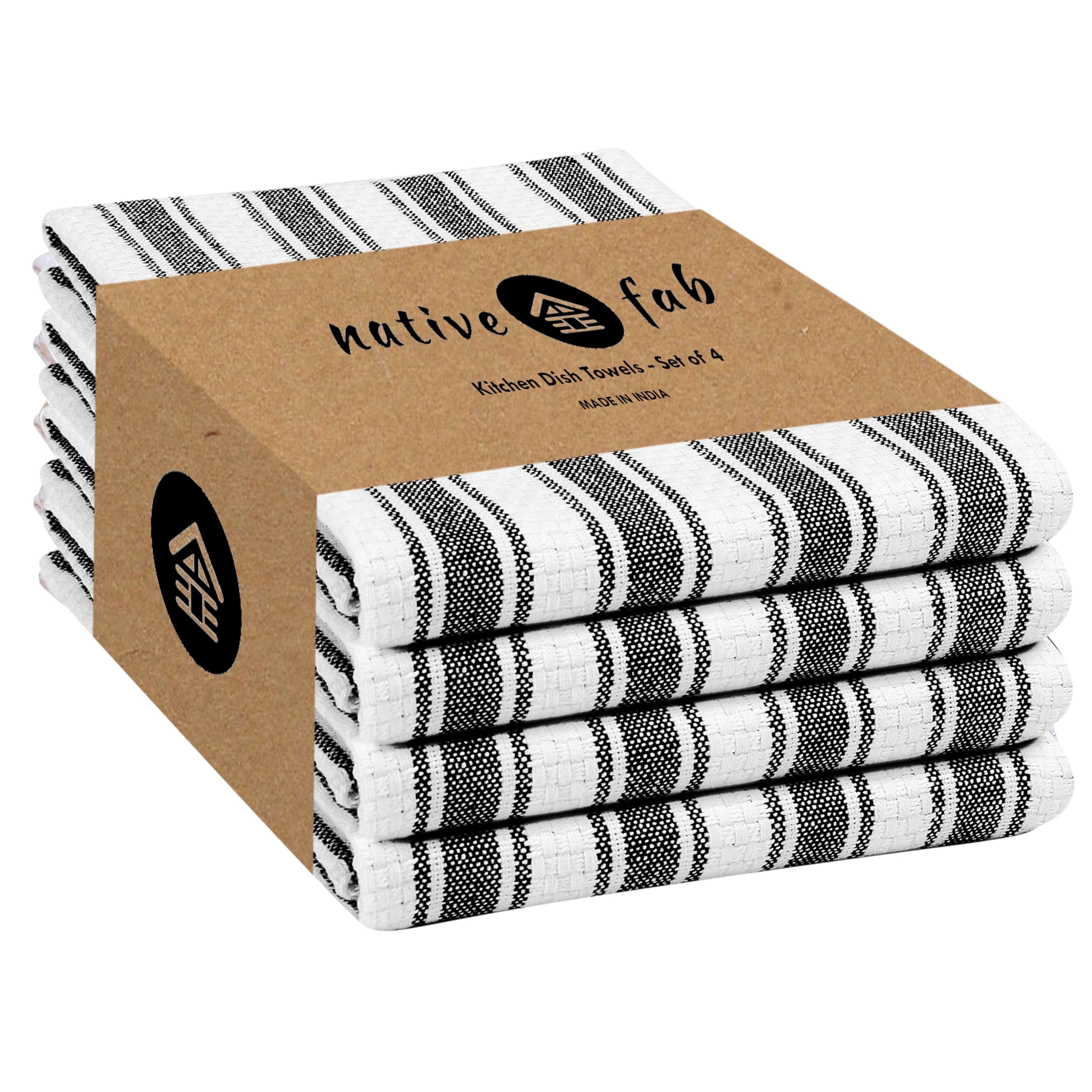 Native Fab Striped Kitchen Towels Set of 4, 100% Cotton, 16x26, Quick Dry Dish Cloths, Black White