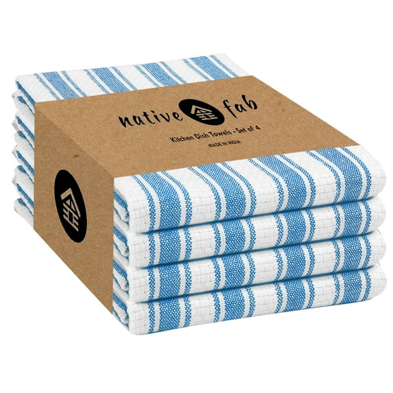 Native Fab Striped Kitchen Towels 4 Pack, 16x26, Absorbent Dish Cloths, Turquoise Blue